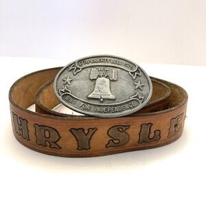 Vintage Leather Belt Chrysler Liberty Bell Buckle‎ 1776-1976 Mens 42-46 Brown